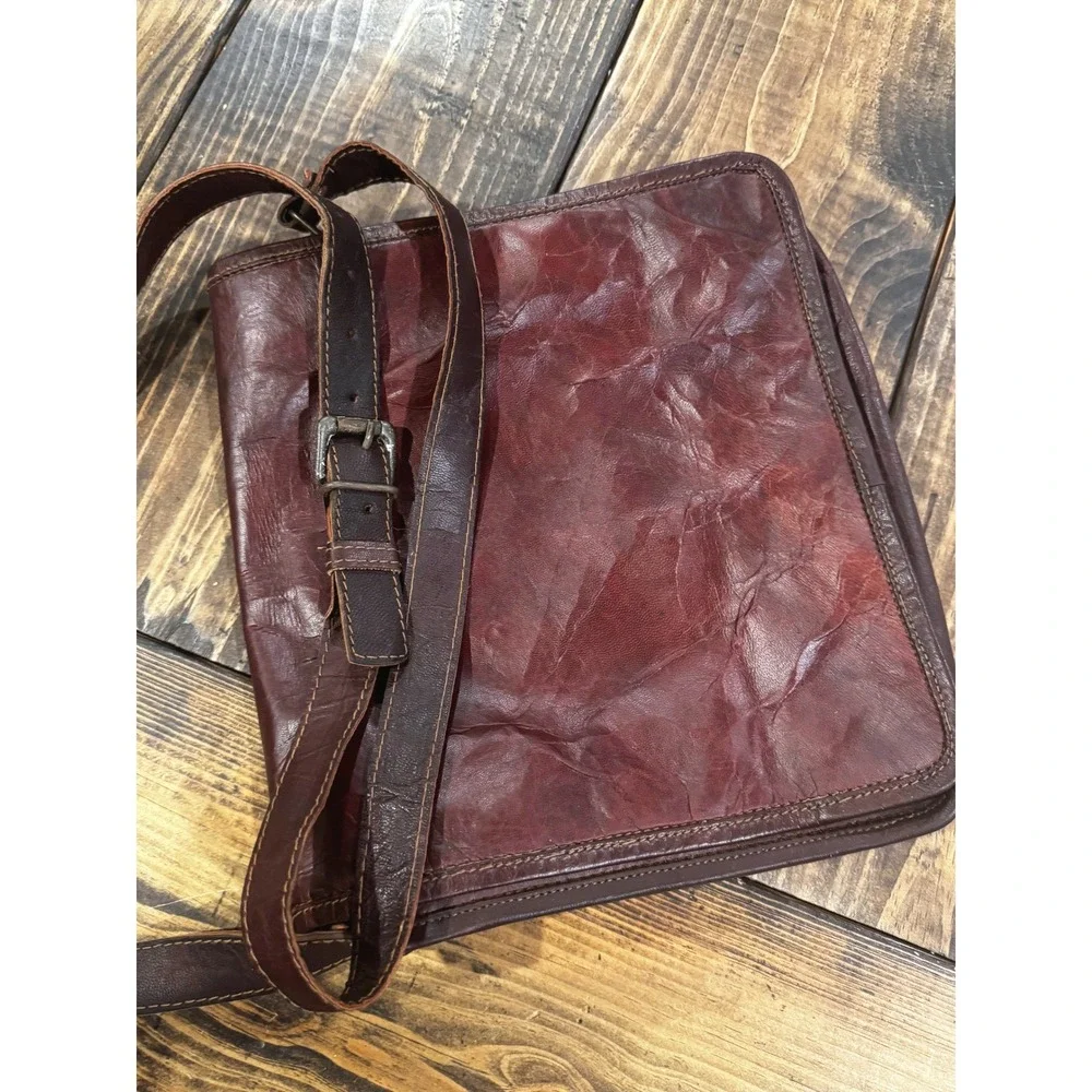 Brown Leather Messenger Bag Satchel Crossbody Distressed Brown Lime Green Lining